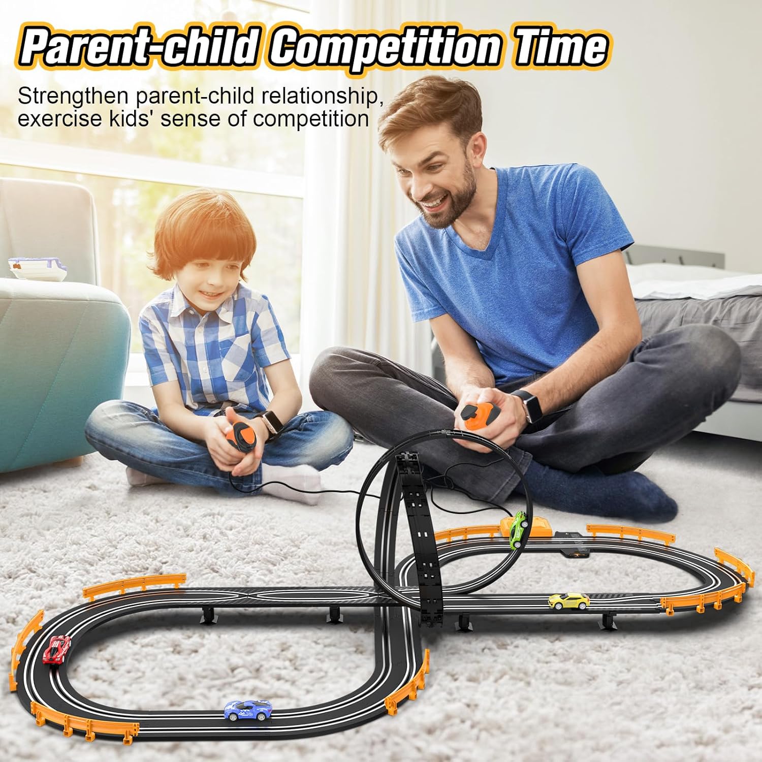 Slot-Car-Race-Track-Sets for Boys Kids, Battery or Electric Race Car Track with 4 High-Speed Slot Cars, Dual Racing Game 2 Hand Controllers Circular Overpass Track, Toys Gifts for 6-8 8-12 Boys Girls 24hrsmart